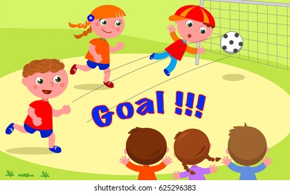 GOAL! Friends playing soccer at the park, vector illustration