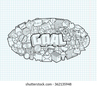 Goal - Hand Lettering and Doodles Elements Sketch on Exercise book  page in square Background.Vector illustration
