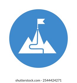 Icono de la meta en el fondo blanco. Icono de una montaña con una bandera en la cima.