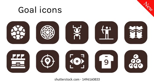 goal icon set. 10 filled goal icons.  Simple modern icons about  - Football, Dart board, Cricket, Archery, Shin guards, Stadium, Target, Focus, Soccer jersey, Round shot