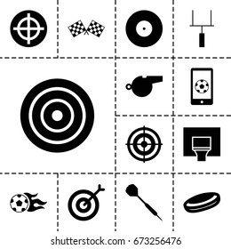 Goal icon. set of 13 filled goalicons such as finish flag, football ball, football on phone, basketball basket, goal post, whistle, dart, target