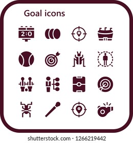  goal icon set. 16 filled goal icons. Simple modern icons about  - Scoreboard, Balls, Target, Football, Ball, Cricket, Table football, Skills, Stick, Referee