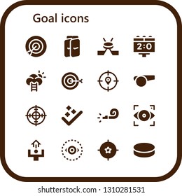 goal icon set. 16 filled goal icons.  Collection Of - Target, Shin guards, Hockey, Scoreboard, Success, Whistle, Focus, Motivation, Vision, Puck