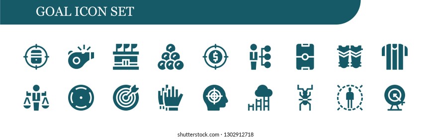  goal icon set. 18 filled goal icons.  Simple modern icons about  - Target, Referee, Stadium, Round shot, Skills, Football, Shin guards, Value, Focus, Football gloves, Goal, Cricket
