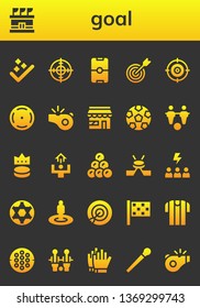 goal icon set. 26 filled goal icons.  Collection Of - Success, Stadium, Target, Football, Focus, Whistle, Market, Soccer, Foosball, Puck, Motivation, Round shot, Hockey, Ball
