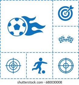 Goal icon. set of 6 goal filled and outline icons such as finish flag, football ball, football player