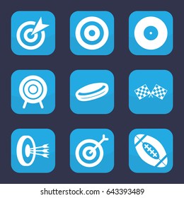 Goal icon. set of 9 filled goal icons such as target, finish flag, american football, arrows in target