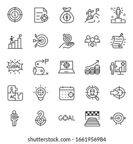 Goal, icon set. Achieving success and goals. Target, aim, linear icons. Line with editable stroke