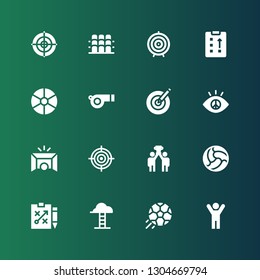goal icon set. Collection of 16 filled goal icons included Success, Football, Goals, Strategy, Ball, Goal, Vision, Dartboard, Whistle, Dart board, Grandstand