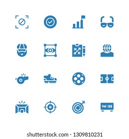 goal icon set. Collection of 16 filled goal icons included Scoreboard, Target, Shooter, Goal, Football field, Ball, Football shoes, Whistle, Strategy, Focus, Coach, Vision, Success