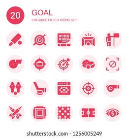 goal icon set. Collection of 20 filled goal icons included Cricket, Target, Strategy, Goal, Success, Whistle, Balls, Focus, Football, Hockey, Vision, Shooter, Darts, Ground pad