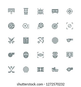 goal icon set. Collection of 25 filled goal icons included Whistle, Football shoes, Football field, Dart board, Hockey, Football, Coach, Vision, Hockey mask, Ball, Archery, Strategy