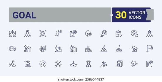 Goal icon set. Featuring vision, spyglass, businessman, mission, goal, business, target, corporate and more. Icon design. Editable stroke. Vector illustration.