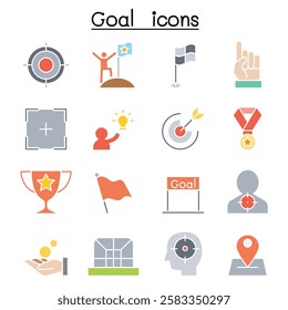 Goal icon set  in flat color style