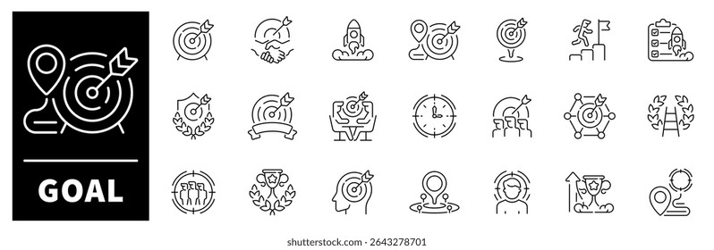 Conjunto de iconos de objetivo. Conjunto de iconos de línea delgada relacionados con el objetivo y el objetivo. Iconos web de objetivos en estilo de línea. Colección de iconos de contorno relacionados con objetivos