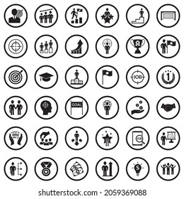 Goal Icons. Black Flat Design In Circle. Vector Illustration.