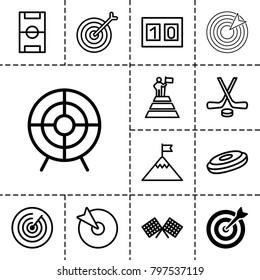 Goal icons. set of 13 editable outline goal icons such as target, hockey puck, football pitch, finish flag, sport score, hockey, man at the top of the mountain with flag