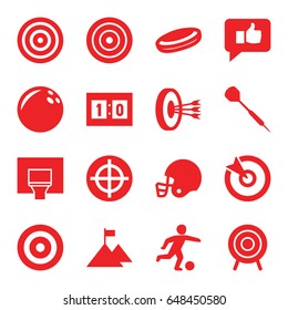 Goal icons set. set of 16 goal filled icons such as target, basketball basket, sport score, dart, football player, american football helmet, thumb up, flag on mountain