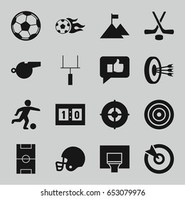 Goal icons set. set of 16 goal filled icons such as football pitch, football ball, basketball basket, goal post, sport score, hockey, whistle, fotball, target, thumb up