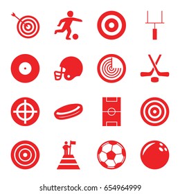 Goal icons set. set of 16 goal filled icons such as radar, target, football pitch, goal post, hockey, football player, fotball, american football helmet