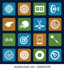 Goal icons set. set of 16 goal filled icons such as radar, finish flag, football on phone, sport score, hockey, whistle, dart, american football helmet, target