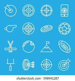 goal icons set. Set of 16 goal outline icons such as target, football on phone, goal post, hockey, whistle, american football, fotball, flag on mountain, arrows in target