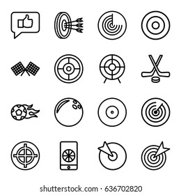 Goal icons set. set of 16 goal outline icons such as radar, target, finish flag, football ball, football on phone, hockey, arrows in target, bowling ball