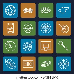 Goal icons set. set of 16 goal outline icons such as target, football pitch, finish flag, football ball, basketball basket, sport score, whistle, dart, american football