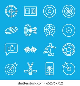 Goal icons set. set of 16 goal outline icons such as target, finish flag, football on phone, sport score, hockey, football player, fotball, arrows in target, hockey puck