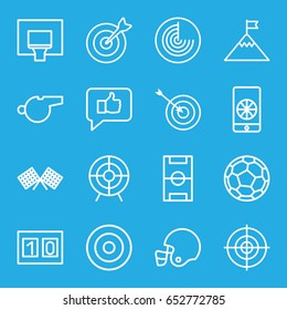 Goal icons set. set of 16 goal outline icons such as radar, target, football pitch, finish flag, football on phone, basketball basket, sport score, whistle, fotball
