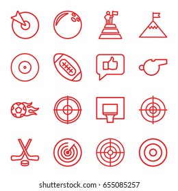 Goal icons set. set of 16 goal outline icons such as target, football ball, basketball basket, hockey, whistle, american football, man at the top of the mountain with flag