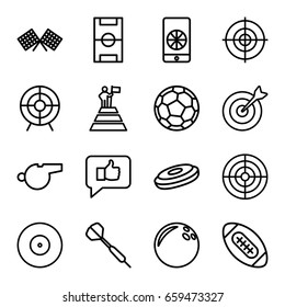 Goal icons set. set of 16 goal outline icons such as target, football pitch, finish flag, football on phone, whistle, dart, american football, fotball