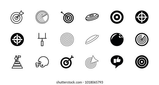 Goal icons. set of 18 editable filled and outline goal icons: target, bowling ball, hockey puck, goal post, american football helmet, man at the top of the mountain with flag