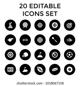Goal icons. set of 20 editable filled goal icons such as target, hockey puck, finish flag, football ball, sport score, whistle. best quality goal elements in trendy style.