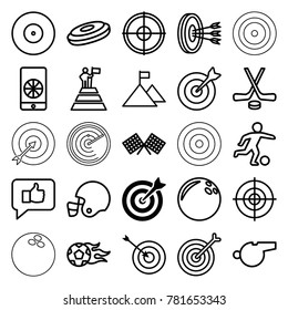Goal icons. set of 25 editable outline goal icons such as target, bowling ball, hockey puck, thumb up, finish flag, football ball, football on phone, hockey, whistle