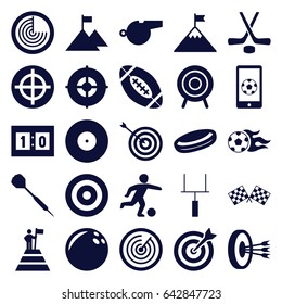 Goal icons set. set of 25 goal filled icons such as radar, target, finish flag, football ball, football on phone, goal post, sport score, hockey, whistle, dart