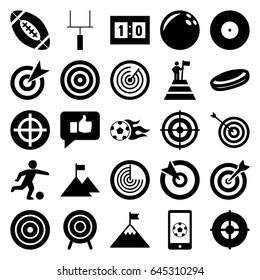 Goal icons set. set of 25 goal filled icons such as radar, target, football ball, football on phone, goal post, sport score, thumb up, man at the top of the mountain with flag