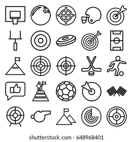 Goal icons set. set of 25 goal outline icons such as radar, target, football pitch, finish flag, basketball basket, goal post, hockey, whistle, football player, fotball