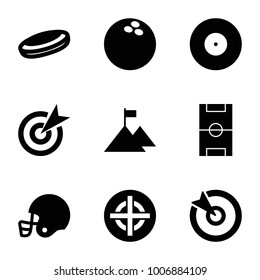 Goal icons. set of 9 editable filled goal icons such as target, hockey puck, football pitch, american football helmet, flag on mountain