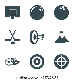 Goal icons. set of 9 editable filled goal icons such as bowling ball, target, football ball, basketball basket, hockey, flag on mountain