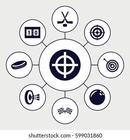 goal icons set. Set of 9 goal filled icons such as target, finish flag, sport score, hockey, arrows in target, bowling ball