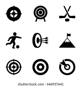 Goal icons set. set of 9 goal filled icons such as target, hockey, football player, flag on mountain