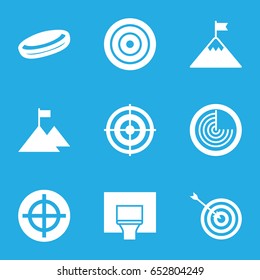 Goal icons set. set of 9 goal filled icons such as radar, target, basketball basket, flag on mountain