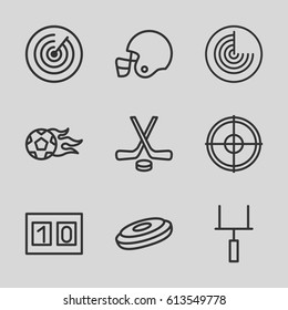 Goal icons set. set of 9 goal outline icons such as radar, target, football ball, goal post, sport score, hockey, american football helmet