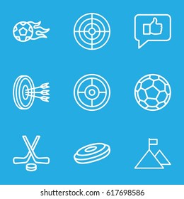 Goal icons set. set of 9 goal outline icons such as football ball, hockey, fotball, flag on mountain, arrows in target, target, hockey puck