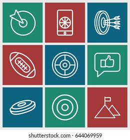 Goal icons set. set of 9 goal outline icons such as football on phone, american football, flag on mountain, arrows in target, target, hockey puck