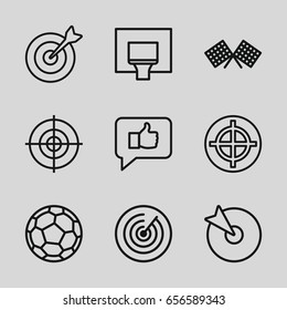 Goal icons set. set of 9 goal outline icons such as target, finish flag, basketball basket, fotball