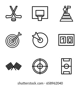 Goal icons set. set of 9 goal outline icons such as football pitch, finish flag, basketball basket, sport score, hockey, man at the top of the mountain with flag