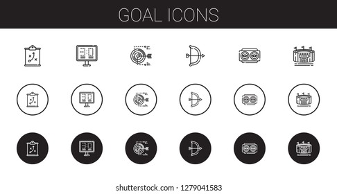 goal icons set. Collection of goal with strategy, scoreboard, target, archery, vision, stadium. Editable and scalable goal icons.