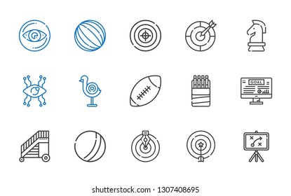 goal icons set. Collection of goal with strategy, target, ball, ladder, sticks, american football, dart board, vision. Editable and scalable goal icons.